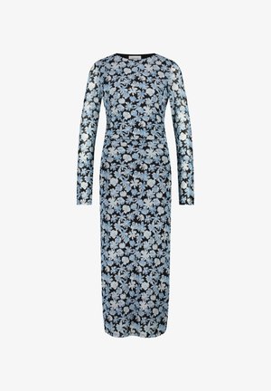Floral long-sleeve dress featuring a black base with light blue and white flower patterns, slim fit design, and knee-length hem.