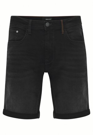 Shorts in denim nero con orlo arrotolato, design a cinque tasche e cuciture a contrasto. Tessuto morbido, vita alta media e accessori in metallo.