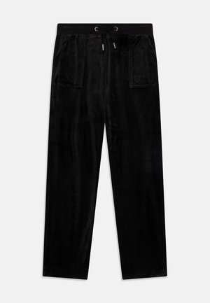 Pantalon de détente en velours noir avec taille élastique, cordon de serrage et grandes poches avant plaquées sur fond blanc.