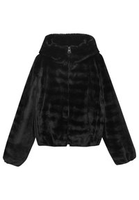 Czarna kurtka z sztucznego futra z kapturem, z zamkiem z przodu, długimi rękawami i krojem w stylu cropped. Miękka faktura z gładkim wykończeniem.