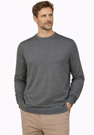 Uomo con capelli castano chiaro che indossa un maglione grigio a maniche lunghe e pantaloni beige, con le mani nelle tasche, che guarda leggermente di lato.