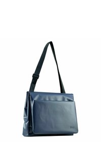 Elegante marineblaue Umhängetasche aus wasserdichtem Material, mit einer Frontklappentasche, verstellbarem Schultergurt und schlichtem, modernem Design.