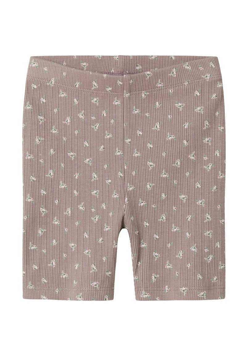 Ribbat korta leggings i mjuk mauve med ett spritt blommönster i vitt och grönt. Har en elastisk midja för extra komfort.
