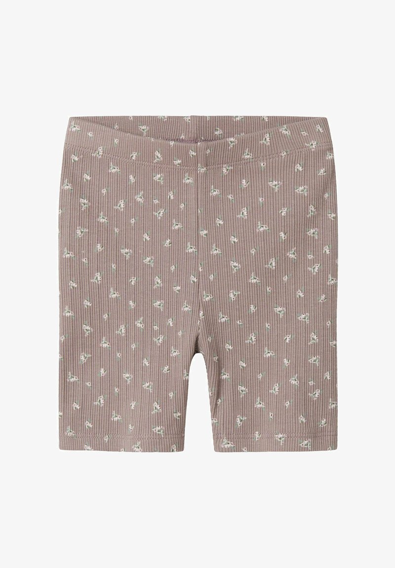 Prążkowane krótkie legginsy w miękkim odcieniu mauve z rozrzuconym kwiatowym wzorem w bieli i zieleni. Posiadają elastyczny pas dla wygody.