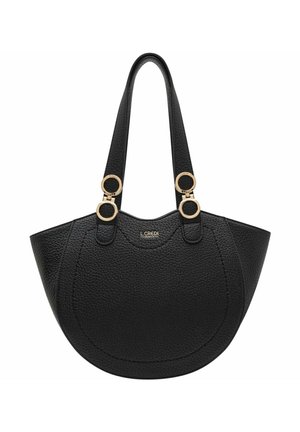 Borsa a mano in pelle nera con forma arrotondata, superficie texturizzata, doppi manici con hardware dorato e logo impresso sul davanti.