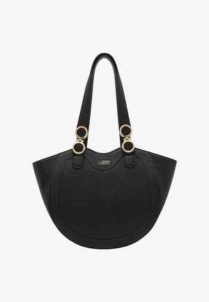 Borsa a mano in pelle nera con forma arrotondata, superficie texturizzata, doppi manici con hardware dorato e logo impresso sul davanti.