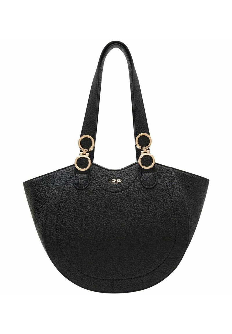 Schwarze Lederhandtasche mit runder Form, strukturiertem Oberflächen, doppelten Griffen mit vergoldeten Beschlägen und geprägtem Logo auf der Vorderseite.