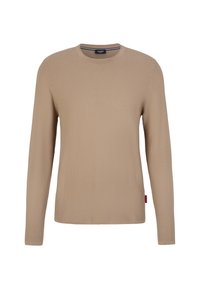 Chemise beige à manches longues avec un motif texturé, encolure ronde, et une petite étiquette logo sur l'ourlet. Tissu doux, coupe droite.