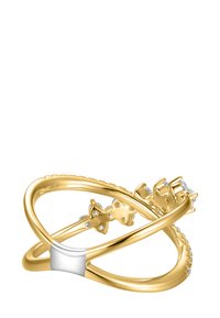 Gold ring with intertwined loops, featuring a white gold accent. Decorated with small clear stones and a textured band.
