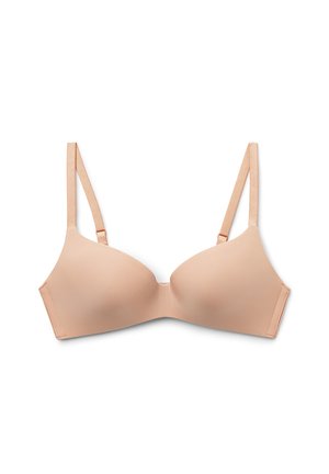 Seamless beige bra with molded cups, adjustable narrow straps, and a smooth texture. Classic design suitable for everyday wear.