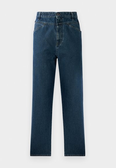 Dark blue denim straight-leg jeans with a high waist, featuring front pockets and a button closure. Textured fabric with subtle fading.