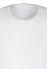 T-shirt blanc à col rond en tissu doux, avec un petit logo imprimé à l'intérieur de l'encolure. Design simple sans motifs ni accents.