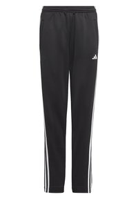 Pantalones de chándal negros, hechos de una tela suave, con rayas laterales blancas, cinturilla con cordón y dos bolsillos laterales.