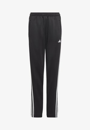 Pantaloni della tuta neri realizzati in tessuto morbido, con strisce bianche laterali, un elastico in vita con cordino e due tasche laterali.