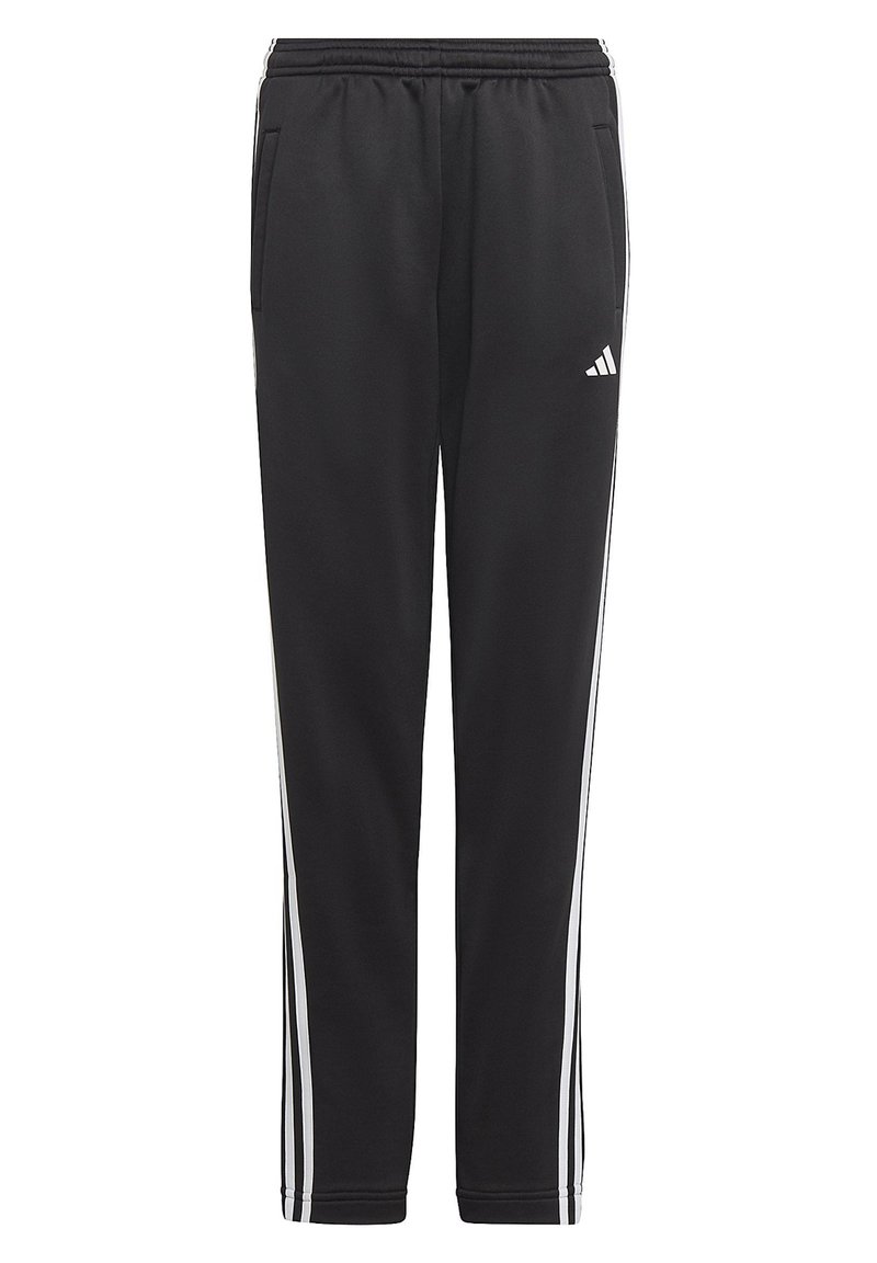 Pantalones de chándal negros, hechos de una tela suave, con rayas laterales blancas, cinturilla con cordón y dos bolsillos laterales.
