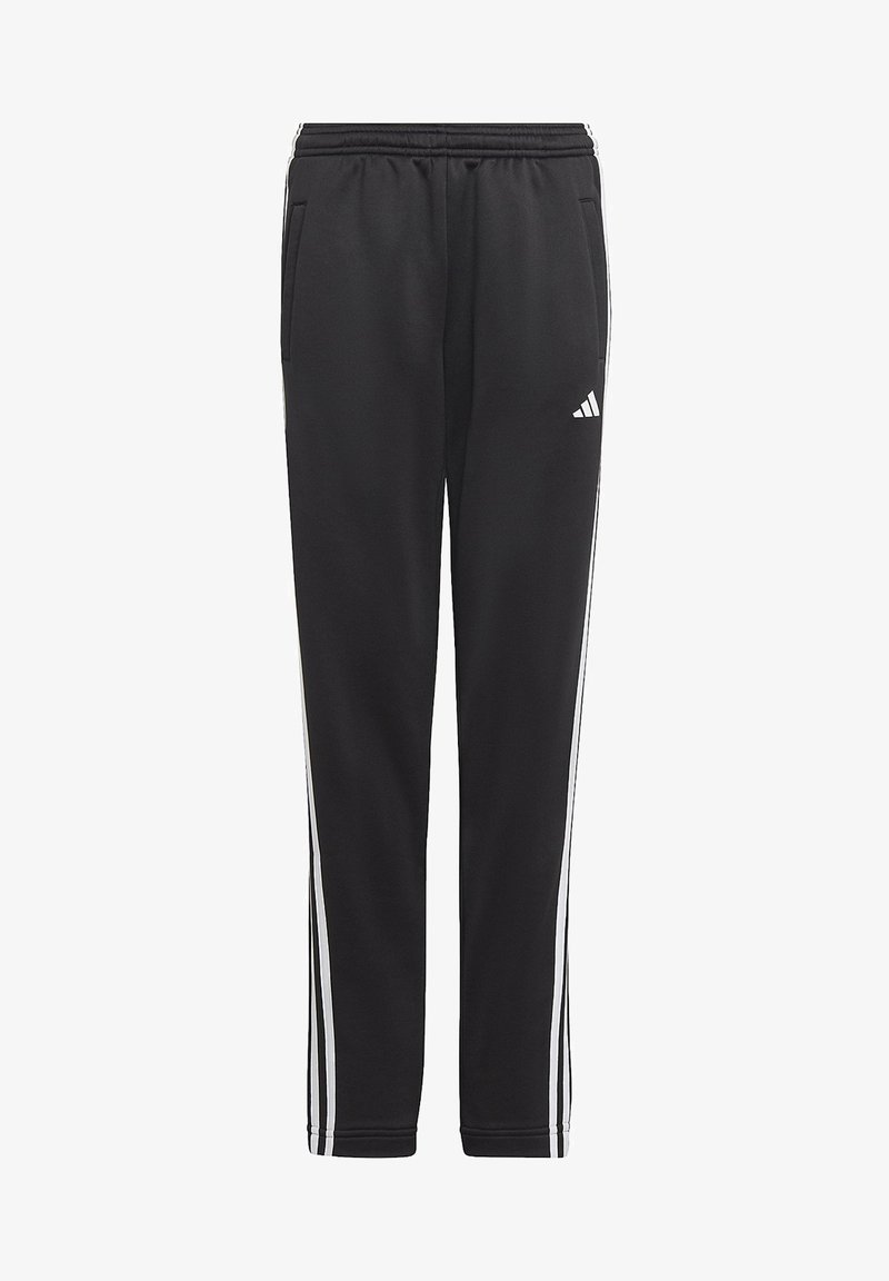 Pantalones de chándal negros, hechos de una tela suave, con rayas laterales blancas, cinturilla con cordón y dos bolsillos laterales.