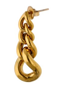 Cercei din metal placat cu aur, cu un design în formă de lanț. Prezintă un finisaj lucios, formă alungită și închidere cu știft.