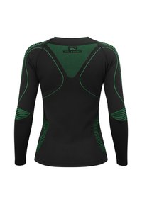 Long-sleeve athletic shirt in black with green accents. Features textured, breathable fabric and contoured design with striped detailing.
