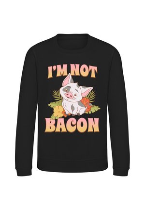 Sort sweatshirt med en illustration af en smilende gris omgivet af tropiske blade og blomster samt teksten "I'M NOT BACON" i gule og pink bogstaver.