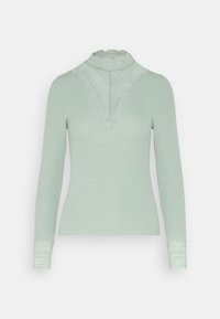 Svetle zelený svetr s dlouhými rukávy a krajkovými detaily na vysokém límci a manžetách, s přiléhavým střihem a rypsovým vzorem.