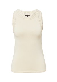 Mouwloos beige tanktop met ribbelstructuur, ronde halslijn en verfijnde gebreide details rond de armsgaten en schouders.
