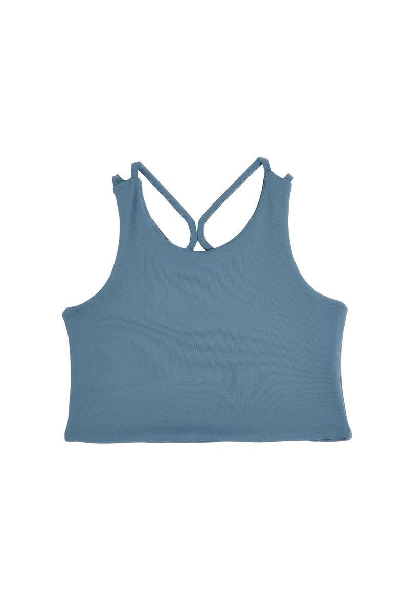 Top corto azul en un tejido suave y liso. Presenta un diseño de espalda con tirantes entrecruzados. Silueta simple y ajustada.
