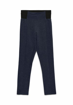 Leggings navy avec une taille en rib à rayures noires. Dispose d'une texture lisse et d'un design ajusté avec des détails de couture le long des jambes.