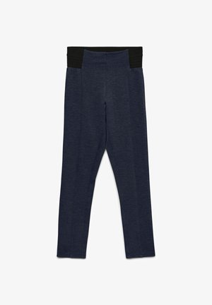 Marineblauwe leggings met een geribde zwarte tailleband. Ze hebben een gladde textuur en een aansluitend ontwerp met naaddetails langs de benen.