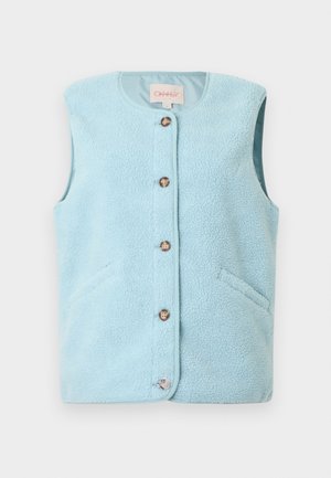 Ανοιχτό μπλε, αμάνικο γιλέκο από απαλό, χνουδωτό υλικό. Διαθέτει στρογγυλή λαιμόκοψη, κούμπωμα με κουμπιά μπροστά και δύο πλαϊνές τσέπες.