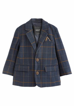 Marineblau kariertes Blazer aus strukturiertem Stoff, mit braunen Akzenten, zwei Fronttaschen, zwei Knöpfen und einem dekorativen Taschentuch.