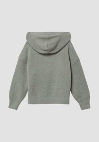  Graugrün meliertes Fleece-Hoodie mit langen Ärmeln und einem Design mit überschnittenen Schultern, von hinten auf einem neutralen Hintergrund gezeigt.