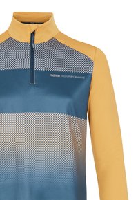 Half-zip trui in blauw en geel, met een gestructureerd geruit patroon op het bovenste gedeelte. Gemaakt van prestatievezels, lichtgewicht en ademend.
