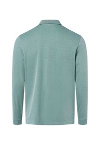 Plain light green long-sleeve polo shirt shown from the back with a slightly textured fabric and a flat collar.