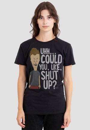 Black cotton t-shirt featuring a graphic of a cartoon character with brown hair and braces, text reads, "UHH... COULD YOU, LIKE, SHUT UP?"