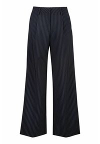 Wijde broek met marineblauwe stof en een wit streeppatroon. Voorzien van twee zijzakken en een op maat gemaakte tailleband met riemlussen.
