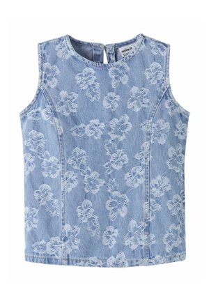 Bezrękawowy, jasnoniebieski top z denimu z białym kwiatowym wzorem i okrągłym dekoltem, z zapięciem na guziki z tyłu.