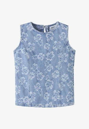 Majica bez rukava od svijetloplavog trapera s bijelim cvjetnim uzorkom i okruglim izrezom, s kopčanjem gumbima na stražnjoj strani.