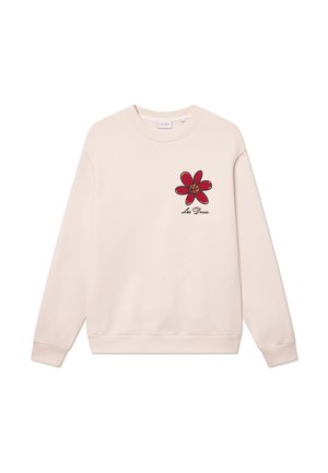 Felpa beige in cotone, con una grafica di un fiore rosso con contorni neri sul lato sinistro del petto e polsini e orlo a costine.