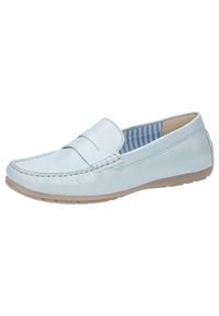 Helle blaue Loafers aus glattem Leder, mit gestickten Details und einem weichen Innenfutter mit einem blauen Streifenmuster. Flexible Gummisohle.