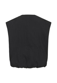 Fekete ujjatlan, laza fit-es mellény, enyhén ráncolt alsó szegéllyel, hátulról, fehér háttér előtt.