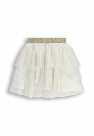 Biała spódnica z warstw tulle z błyszczącym złotym elastycznym pasem. Charakteryzuje się przezroczystym materiałem z subtelnymi wzorami kropek oraz falbanowym wykończeniem.