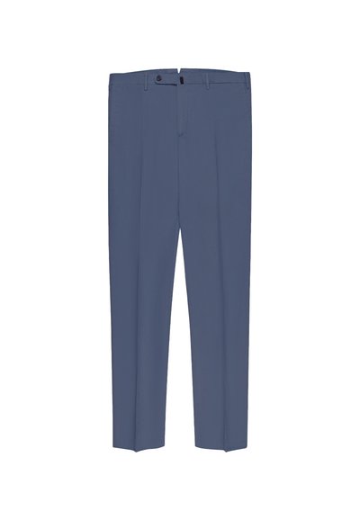 Light blue trousers made of smooth fabric, featuring a front button closure, two side pockets, and a straight-leg design.