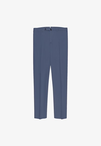 Light blue trousers made of smooth fabric, featuring a front button closure, two side pockets, and a straight-leg design.