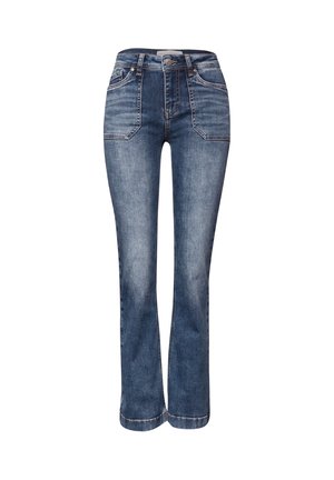 Jeans mit mittlerem Stone-Wash, ausgestelltem Schnitt, hoher Taille, fünf Taschen und kontrastierenden Nähten. Die Beine verjüngen sich leicht und weiten sich am Saum.