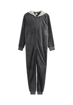 Grijze fleece jumpsuit met een rits aan de voorkant en een lichtgrijze capuchon. Lange mouwen en manchet-enkelzomen zorgen voor een comfortabele pasvorm. Zachte textuur, geen patronen.