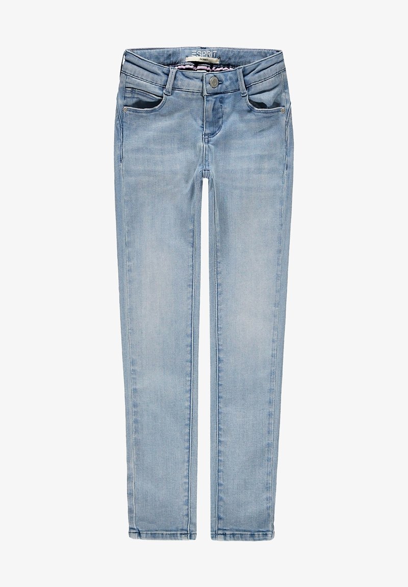 Jean skinny bleu clair avec poches avant, fermeture par boutons et étiquette de marque Esprit sur la ceinture, sur fond blanc.