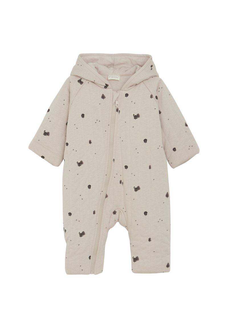 Beige baby bodystocking med hætte, prydet med sorte stiplet mønstre, lange ærmer og en frontlynlås, der gør det nemt at klæde barnet på. Struktureret stof.