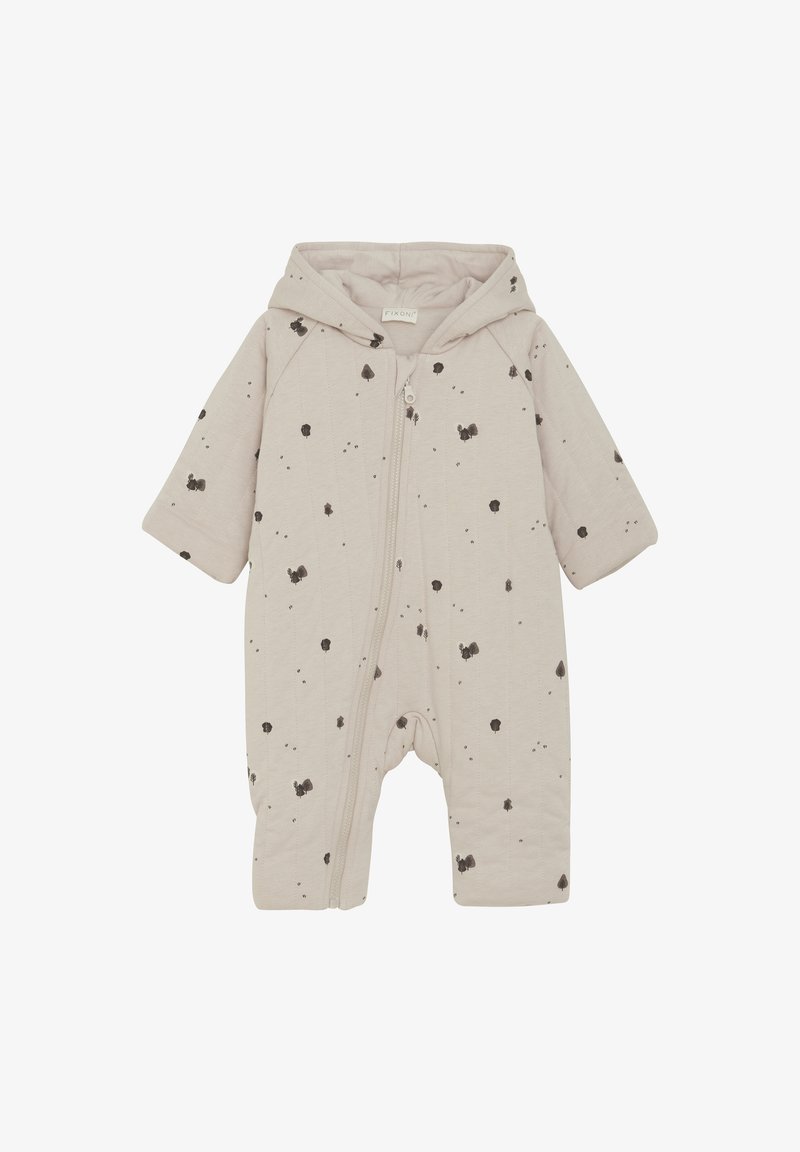 Beige babybodysuit met een capuchon, voorzien van zwart gespikkelde patronen, lange mouwen en een rits aan de voorkant voor gemakkelijke aankleding. Getextureerde stof.