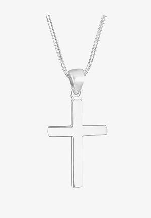 Strieborný prívesok v tvare kríža na tenkom retiazke. Kríž má hladký, leštený povrch s jednoduchým geometrickým dizajnom.