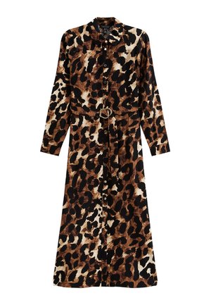 Leopardprint lange-mouwen jurk met kraag, knopen aan de voorkant, een ceintuur in de taille en een vloeiende silhouet in bruin- en zwarttinten.